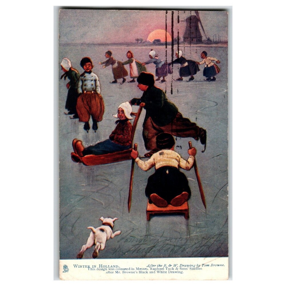 Raphael Tuck Oilette Postcard Winter in Holland Ice Skating Sledding 1906